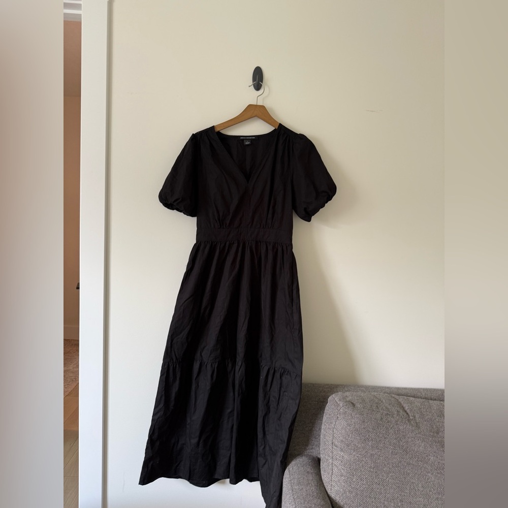 French Connection Black Puff Sleeve V-Neck Midi Dress